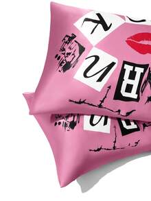 Mean Girls | SHEIN 2Pc Text Pattern Pink Printed Pillowcase Set, Satin Material, Comfortable And Cool, Smooth And Not Easy To Wrinkle, Care For Hair And Skin, Decorative Pillowcase - powder - View 4