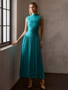 MOTF PREMIUM FRENCH STYLE ELEGANT SLEEVELESS MOCK NECK PLEATED CINCHED WAIST LONG DRESS FOR WOMEN - Mist Green - View 6