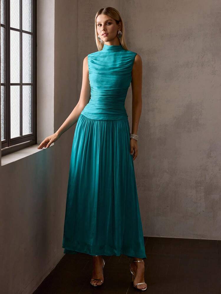 FRENCH STYLE ELEGANT SLEEVELESS MOCK NECK PLEATED CINCHED WAIST LONG DRESS FOR WOMEN