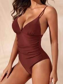 Swim Chiccia Traje de baño de una pieza para mujer de unicolor con tirantes de espagueti y espalda descubierta, adecuado para el verano - Café integral - Ver 5