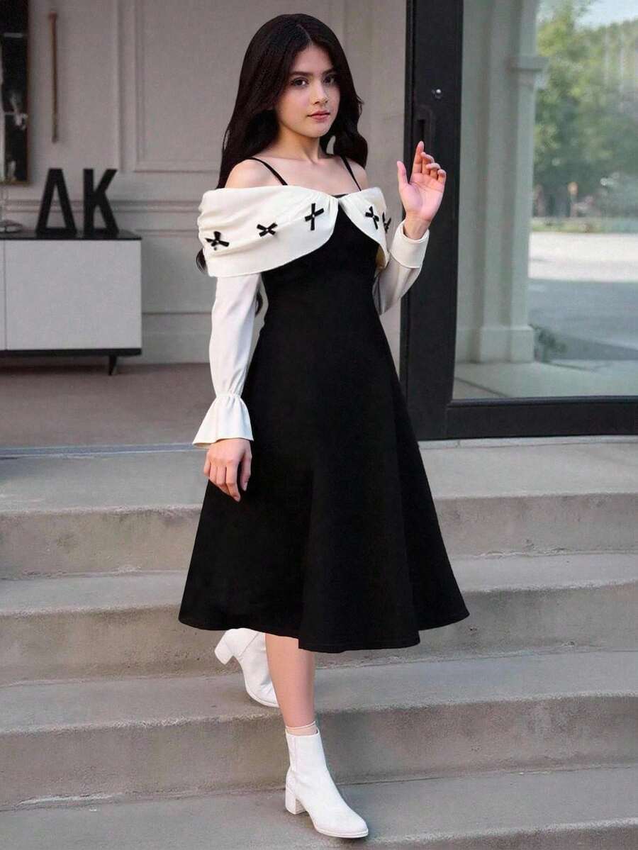 青少年女孩抓褶套裝，聖誕節、萬聖節黑色洋裝，冬季服飾，冬季套裝，青少年女孩冬裝，秋季服飾
