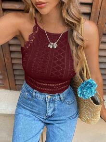 SHEIN Frenchy Ladies' Lace Splice Halter Off Shoulder Top Neck Tank Top - Burgundy - View 6