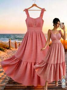 GlowEve CURVE Plus Size White Plaid Ruffle Strap Loose Flowy Dress With Gentle Square Neckline (U-Neck), Summer Vacation Boho - Red - View 1