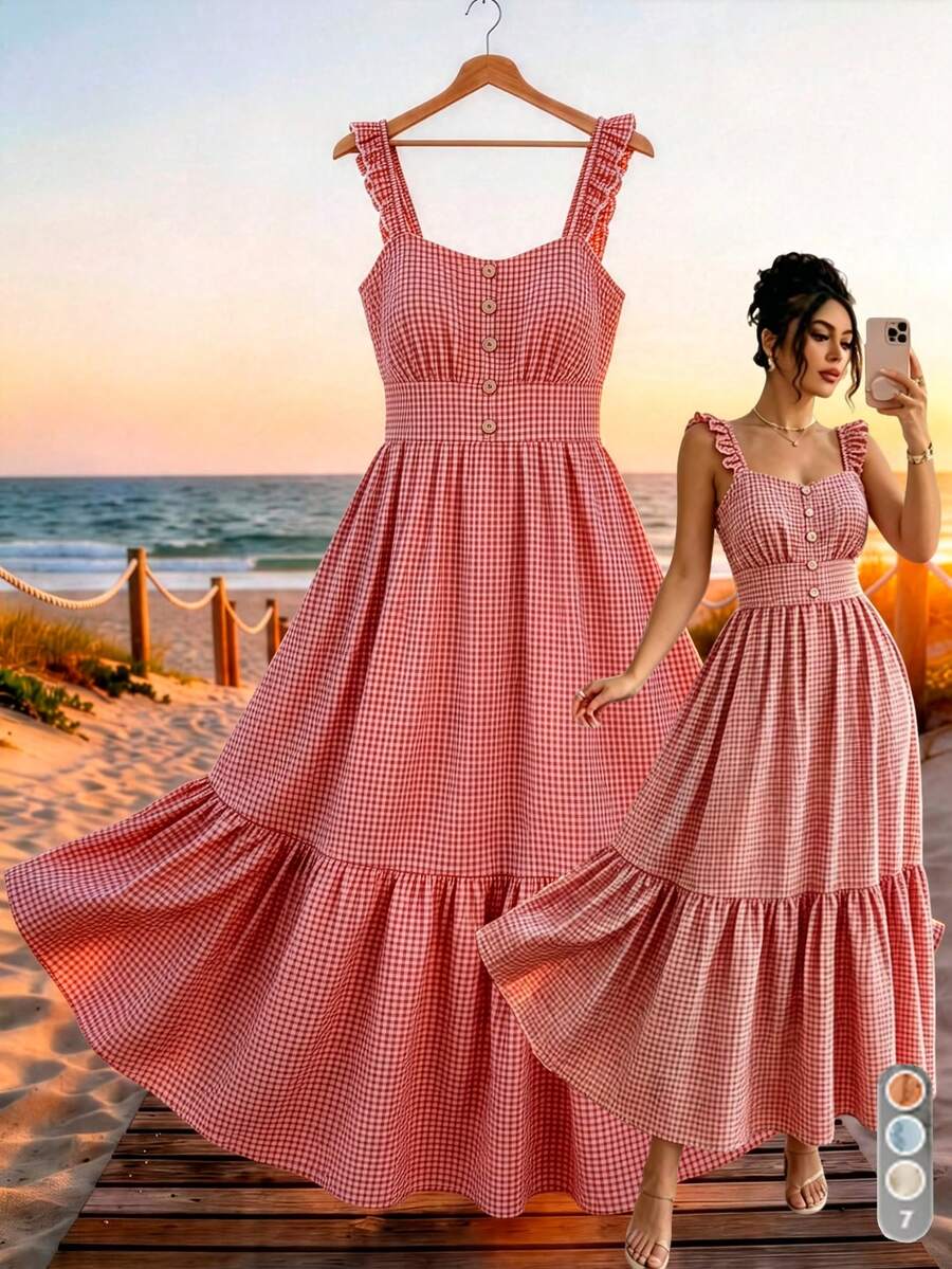 GlowEve CURVE Plus Size White Plaid Ruffle Strap Loose Flowy Dress With Gentle Square Neckline (U-Neck), Summer Vacation Boho - Red - View 1