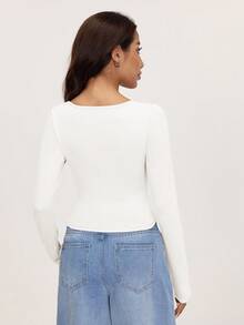 SHEIN BASICS 3 buc. tricou scurt pentru femei, din tricot, cu mânecă lungă, croială slim fit, guler pătrat, culoare uni - Multicolor - Vizualizare 9