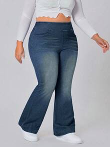 SHEIN CURVE+ 大尺碼女款四季休閒彈力喇叭街頭牛仔褲 - 霧霾藍 - 查看 6