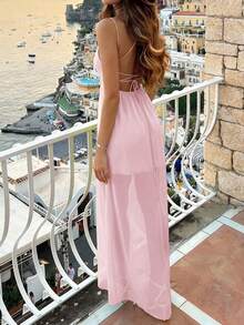 Aloruh Women's Solid Color Minimalist Daily Extra Long Dress - Baby Pink - View 2