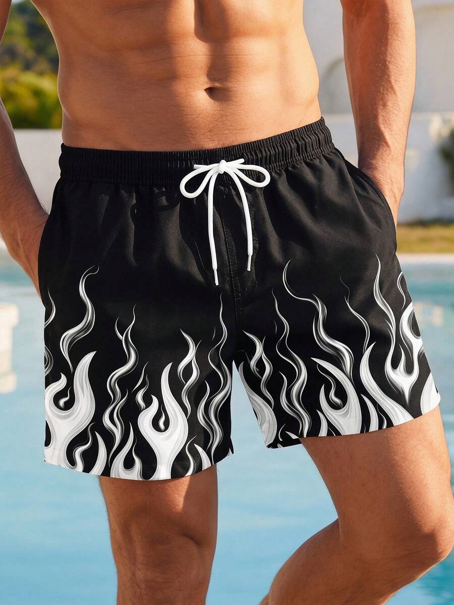 VIVINTIMO Men's Standard Size Flame Print Shorts, Personalized Visual Design, Hot Flame Print, Casual And Comfortable Styling, Perfect For Your Summer Beach Highlight Moments, Dual Large Capacity Practical Pockets, Eye-Catching Personalized Flame Print, Suitable For Fashionable Men Who Pursue Style, Love Outdoor Water Sports And Care About Their, Holiday - White - View 1
