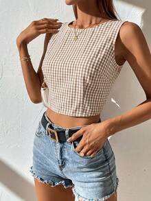 SHEIN Frenchy 女款夏季度假休閒格紋繫帶無袖襯衫 - 咖啡棕 - 查看 3