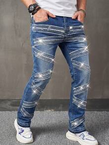 Manfinity Roughcore Quần jean skinny nam denim phong cách hip-hop đính đá, gấu sờn, túi cúc - Màu xanh lam - Xem 4