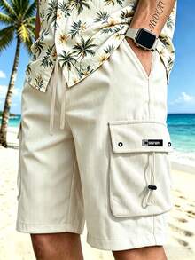Manfinity RSRT Men's Corduroy Cargo Shorts, Drawstring Waist, Casual Streetwear For Daily Wear, Holiday - Apricot - View 3