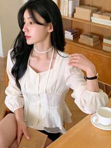 DAZY 女款 2 合 1 單排扣泡泡袖百褶長袖襯衫 度假風 - 杏色 - 查看 4