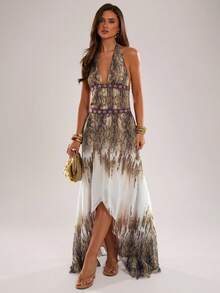 SHEIN BAE Spring/Summer Women's Casual Vacation Halter Neck Backless Animal Print Gradient A-Line Sexy Vacation Dress, Suitable For Beach Vacation, Beach Holiday, Casual Vacation, Sisters Casual Outing, Leopard Print Dress, Sexy Leopard Print Dress, Shiny Leopard Print Dress, Music Festival - Brown - View 7