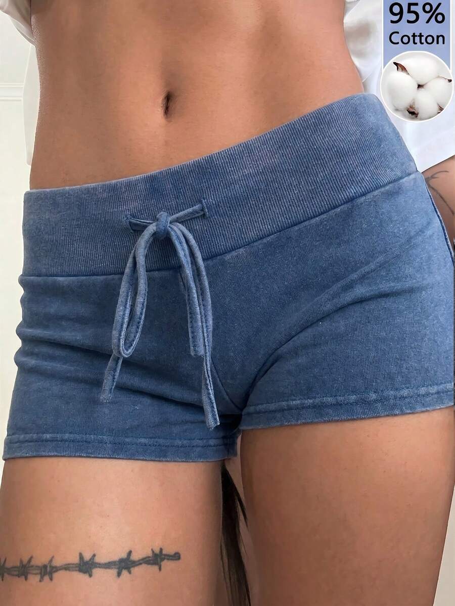 SHEIN EZwear 女士蓝色针织修身瑜伽短裤 - 藍色 - 查看 1
