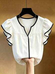 SHEIN Franclia Blouse décontractée d'été pour femmes, pour vacances et trajets quotidiens, avec bordure contrastée, col à encoche et emmanchures à volants - Blanc - Voir 1