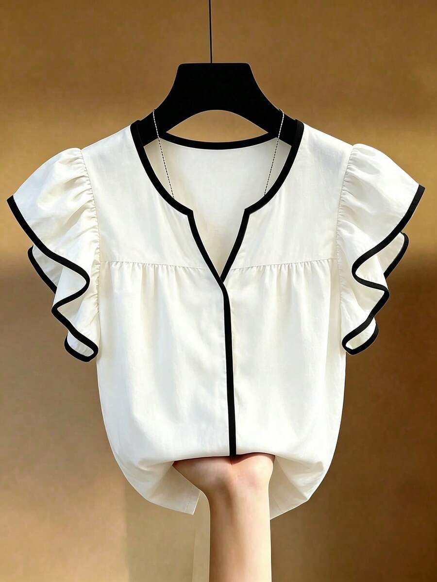 SHEIN Franclia Blouse décontractée d'été pour femmes, pour vacances et trajets quotidiens, avec bordure contrastée, col à encoche et emmanchures à volants - Blanc - Voir 1