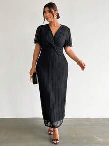 Firerie Vestido elegante de verano talla grande con nudo delantero y manga corta - Negro - Ver 6