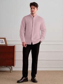 Core Aspect Camisa de manga larga con botones delanteros y bolsillo de parche, unicolor, estilo minimalista casual para hombre, formal - Rosa - Ver 4