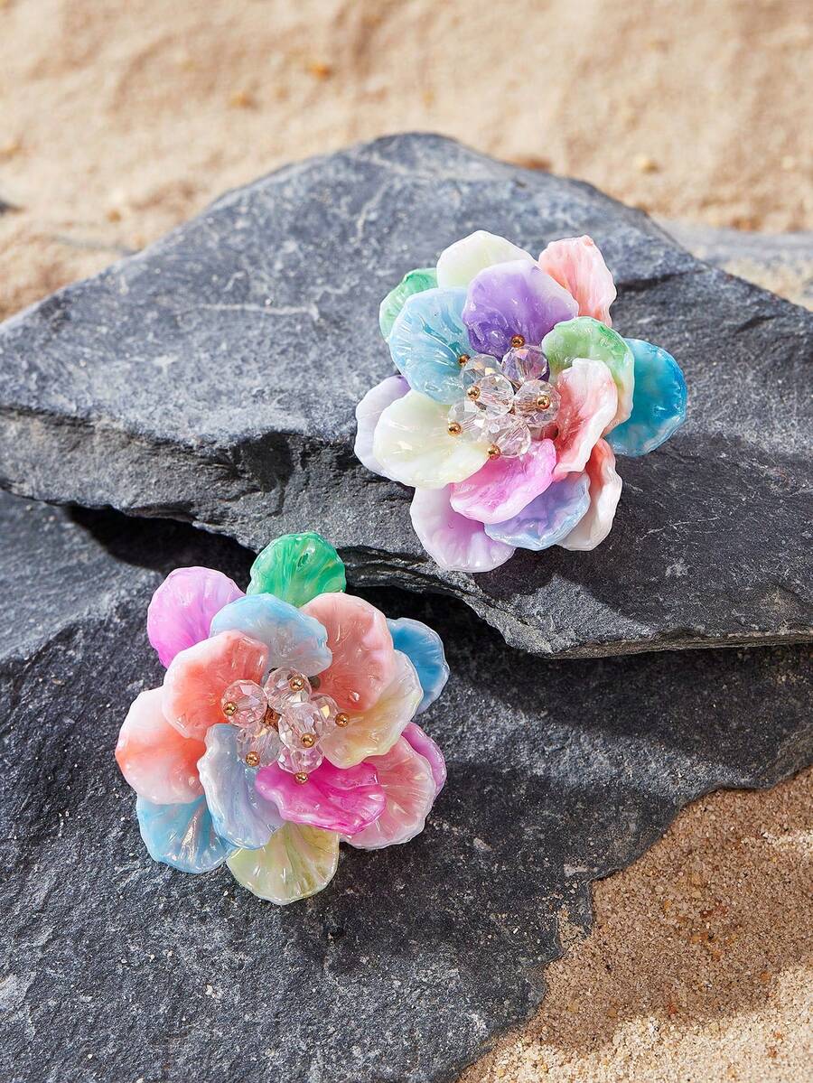 Opalesca 1 Pair Minimalist Cute Acrylic Floral Earrings For Women (Random Petal Color) - Multicolor - View 1