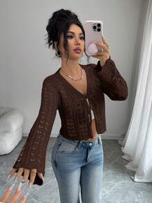 Selianne Women's Solid Color Tie-Front Casual Versatile Daily Outing Cardigan - Coffee Brown - View 5