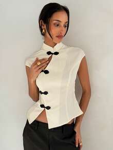 Aloruh Blouse élégante pour femmes avec col montant, style chinois moderne, boutons grenouille, coupe ajustée et taille cintrée - Nude - Voir 3