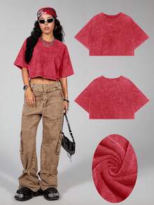 Comfortcana Women's Summer Heavyweight Basic Short Sleeve T-Shirt, Made Of Pure Cotton Fabric With Washing Technique, Red Color,Red Top - Red - View 6