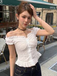 DAZY 女款花卉刺繡圖案百褶休閒百搭日常外出襯衫 夏季可愛上衣 - 白色 - 查看 7