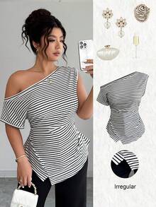 SHEIN Clasi Women's Plus Size Summer 1pc One Shoulder White Cinched Waist Asymmetrical Hem Slimming Minimalist Elegant Sexy Style Commute Date Wedding Sleeveless - Black and White - View 3