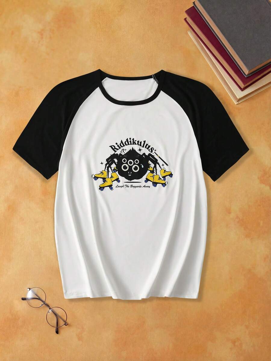 Notgurli HARRY POTTER X SHEIN Contrast Color Cartoon Print Round Neck Short Sleeve Men's Loungewear Top - Black and White - View 1