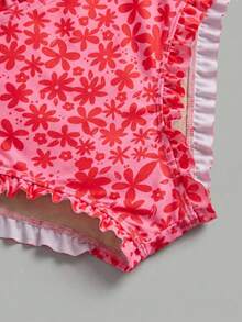 Sweetra CURVE Plus Size Women's Ditsy Floral 2-Piece Spaghetti Strap Ruffle Trim Drawstring Triangle Bikini Swimsuit Vacation Beach - Multicolor - View 5