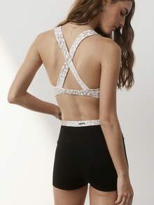 Aralina Leisurewear Active Splice Women's 2pcs Printed Stripe Crop With Cross Back & Bike Shorts Set - Black - View 2
