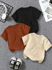 3件組新生兒嬰兒衣物，適合6個月至3歲兒童，日常休閒穿著，圓領短袖T恤，米色、黑色和棕色可選，適合春、秋、冬季穿著，運動風格，簡約時尚，百搭實用 - 彩色 - 查看 2