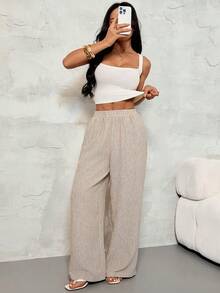 SHEIN PETITE Quần ống rộng nữ cạp chun, đa năng, thích hợp mặc đi làm, mùa xuân hè, mùa hè cho nữ, thanh lịch cho nữ, đi nghỉ mát, thường ngày cho nữ, cạp chun, chất liệu giống vải lanh, màu kaki và nâu, dáng rộng, thoải mái, thích hợp mặc thường ngày. - Màu Khaki - Xem 6