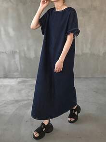FRIFUL 女款圓領短袖寬鬆牛仔洋裝 - 藍色 - 查看 4