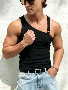 Manfinity Dauomo Men's Solid Color Oblique Shoulder Sleeveless Slim Fit Casual Asymmetrical Hollow Out Tank Top - Black - View 3