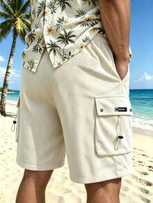 Manfinity RSRT Men's Corduroy Cargo Shorts, Drawstring Waist, Casual Streetwear For Daily Wear, Holiday - Apricot - View 4
