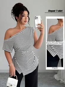 SHEIN Clasi Women's Plus Size Summer 1pc One Shoulder White Cinched Waist Asymmetrical Hem Slimming Minimalist Elegant Sexy Style Commute Date Wedding Sleeveless - Black and White - View 1