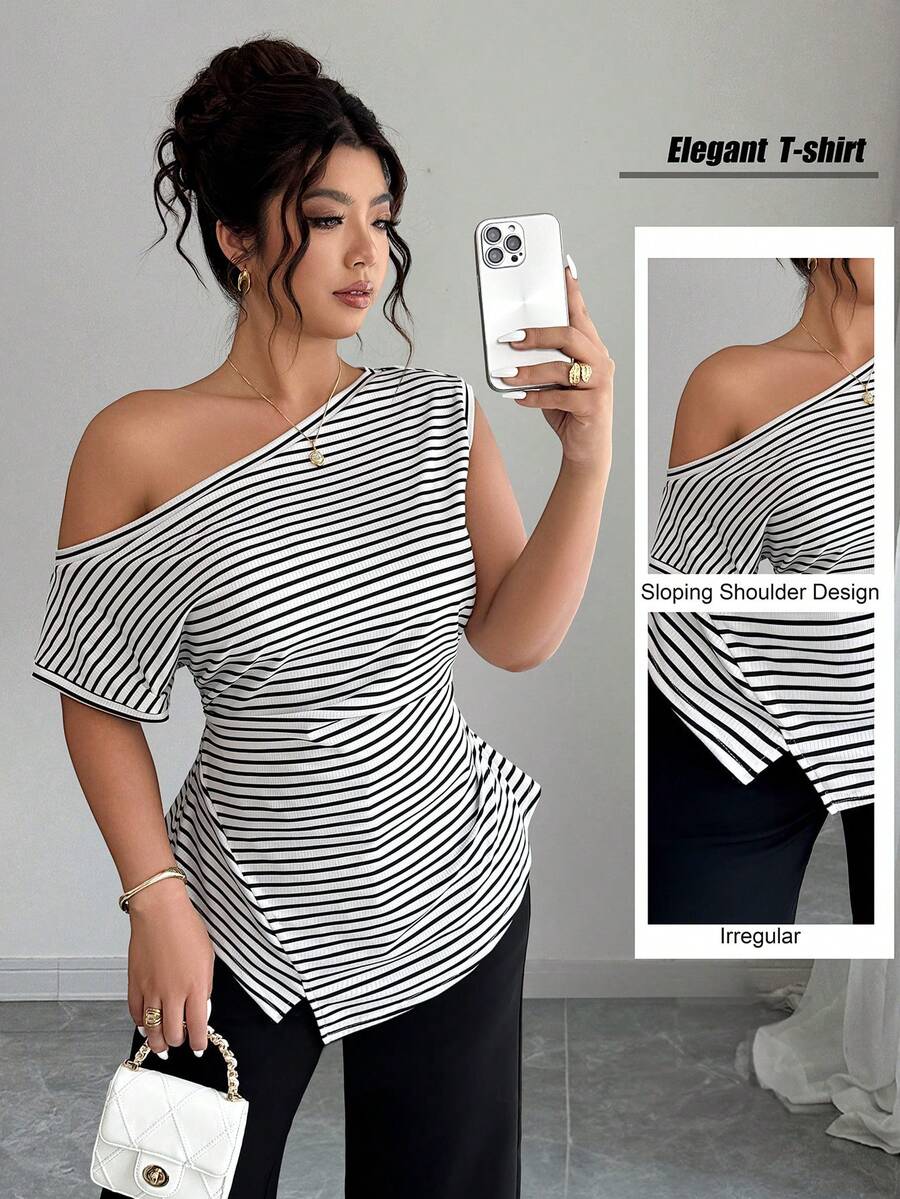 SHEIN Clasi Women's Plus Size Summer 1pc One Shoulder White Cinched Waist Asymmetrical Hem Slimming Minimalist Elegant Sexy Style Commute Date Wedding Sleeveless - Black and White - View 1