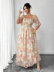 Elenzga Plus Size Women Elegant Romantic Floral Chiffon & Knit Patchwork Dress, Suitable For Vacation, Tea Party, Easter, Spring Break, Evening Party - Multicolor - View 1