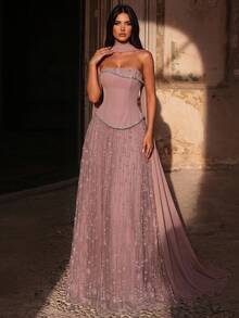 Glamrae Elegant Queen Princess Luxurious Handmade Diamond Pearl Sequin Mesh Patchwork Knit Maxi Dress Chiffon Flounce Graduation Formal Gala Dinner Pink Fall - Dusty Pink - View 5