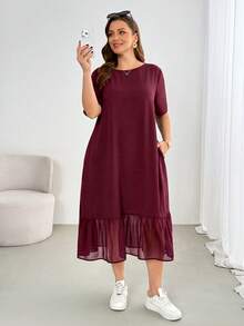 SHEIN Essnce 大尺碼女款春夏時尚休閒寬鬆舒適日常基本百搭顯瘦黑色短袖雪紡拼接中長洋裝，夏季穿搭，口袋洋裝，簡約風格 - 酒紅色 - 查看 4