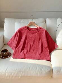 Comfortcana Women's Summer Heavyweight Basic Short Sleeve T-Shirt, Made Of Pure Cotton Fabric With Washing Technique, Red Color,Red Top - Red - View 12