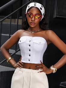 Jeanoix Y2K Women's Denim Crop Top, White Sexy Denim Bandeau, Suitable For Daily, Vacation And Streetwear, Sweet And Sexy Bandeau Top, New Arrival For Summer - White - View 5