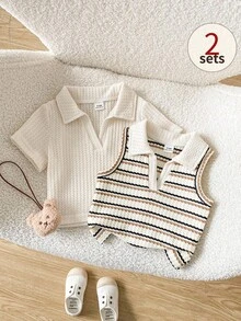 SHEIN Playful Pals 2pcs Baby Girls' Basic Sweetheart Neck Short Sleeve & Sleeveless Ribbed Knit Cropped Top Set, Spring/Summer - Khaki - View 8