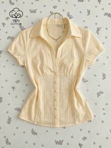 Elamini Women's V-Neck Vintage Elegant Mushroom Button Textured Jacquard Casual Vacation Cinched Waist Blouse Dinner Date White Summer - Light Yellow - View 3