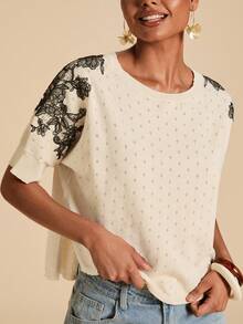 Travachic Women's Colorblock Patchwork Round Neck Knit Top Everyday Black And White Summer Elegant Lace - Apricot - View 4
