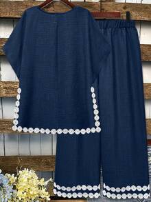 Linhara 大尺碼休閒素色蝙蝠袖上衣與長褲2件套，附蕾絲設計，適合日常穿著，黑色套裝，亞麻材質2件/套，夏季女裝，海灘女裝 - 藍色 - 查看 2