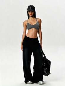SHEIN Seamless Halter Neck Backless Ruched Solid Color Lace-Up Sports Tank Top - Dark Grey - View 6