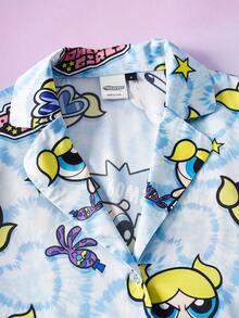 THE POWERPUFF GIRLS X SHEIN 女款卡通印花單排扣短袖上衣與休閒短褲睡衣套裝 - 藍色 - 查看 3