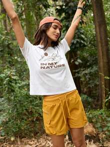 Exploreva 女款夏季休閒字母與山脈印花戶外短袖T恤 - 白色 - 查看 5